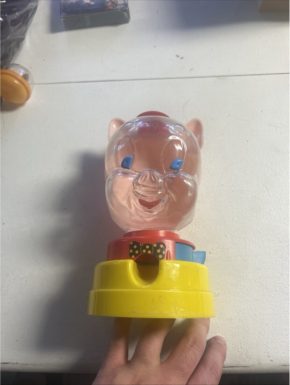 TARCO Piggy Bank Plastic Pig Coin Bank Clear Face Yellow Base Red Top